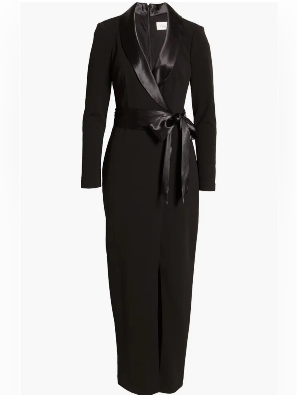Black Satin-Trim Long Tuxedo Dress